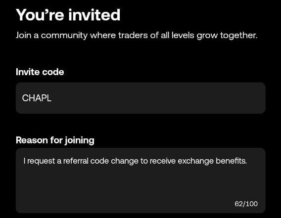 OKX 레퍼럴 변경 신청 화면: Invite code에 CHAPL, Reason for joining에 신청 문구 입력
